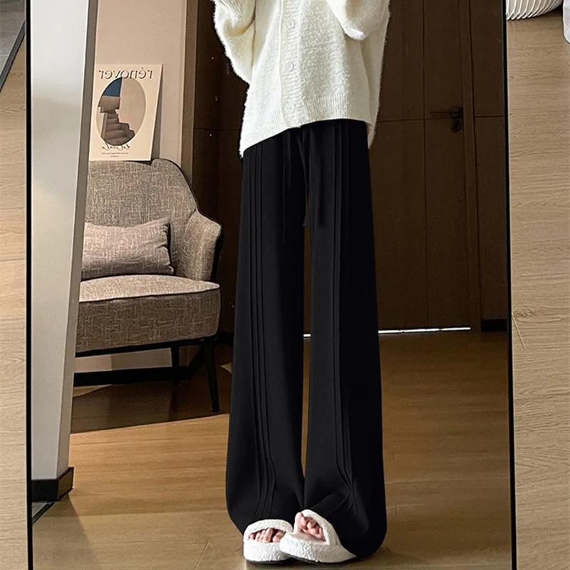 Autumn and Winter Women's Knitted Wide Leg Pants Comfort Thick Warm Women's Pants Elastic High Waist Black Pants