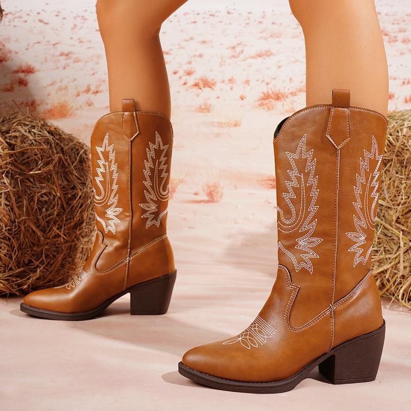 Fashion Women's Mid-calf Boots European American Style Embroidered Pointed Leather Boot Classic Western Cowboy Boots Women Knight Boots