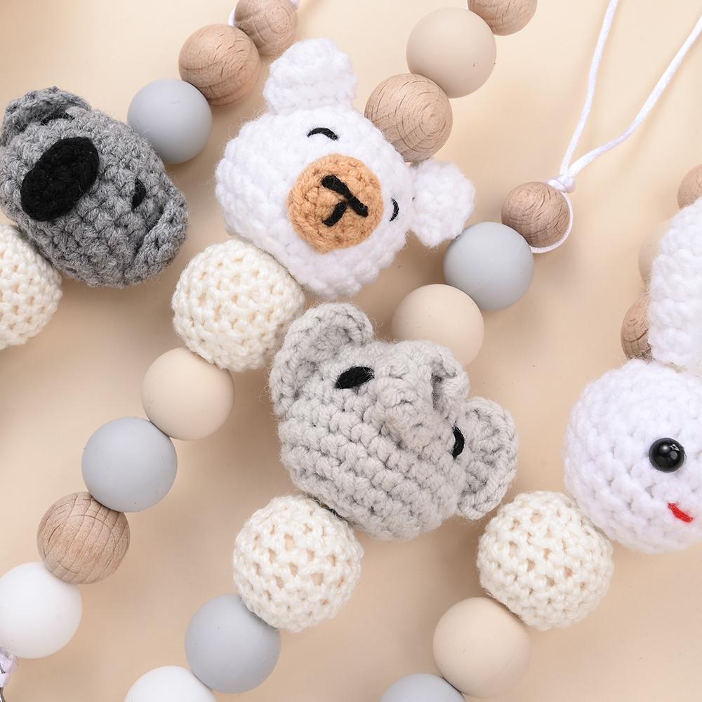 Baby Anti Drip Silicone Bead Chain Care Handmade Wood Teether Nipple Chain Teether Chain Clip Teething Chew Toys