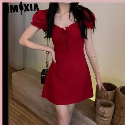 Vestido de verano para mujer con escote cuadrado rojo y mangas abullonadas, cintura que adelgaza, falda en forma de A