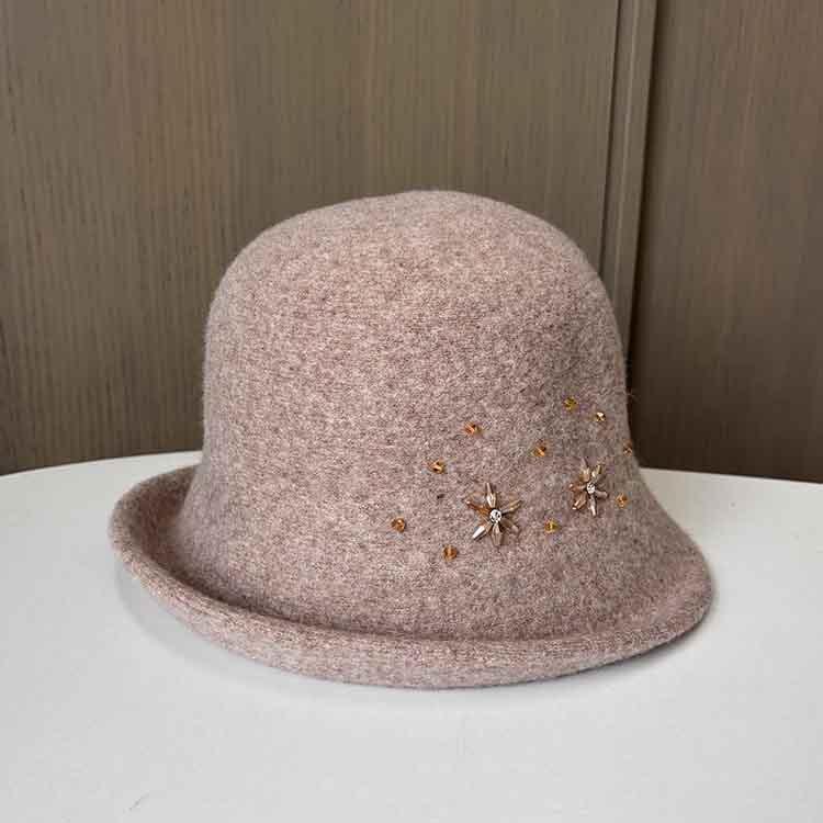 Retro Small Fragrant Style Fashion Wool Bucket Hat Women Autumn And Winter Warm Foldable Basin Hat Rhinestone Elegant Top Hat