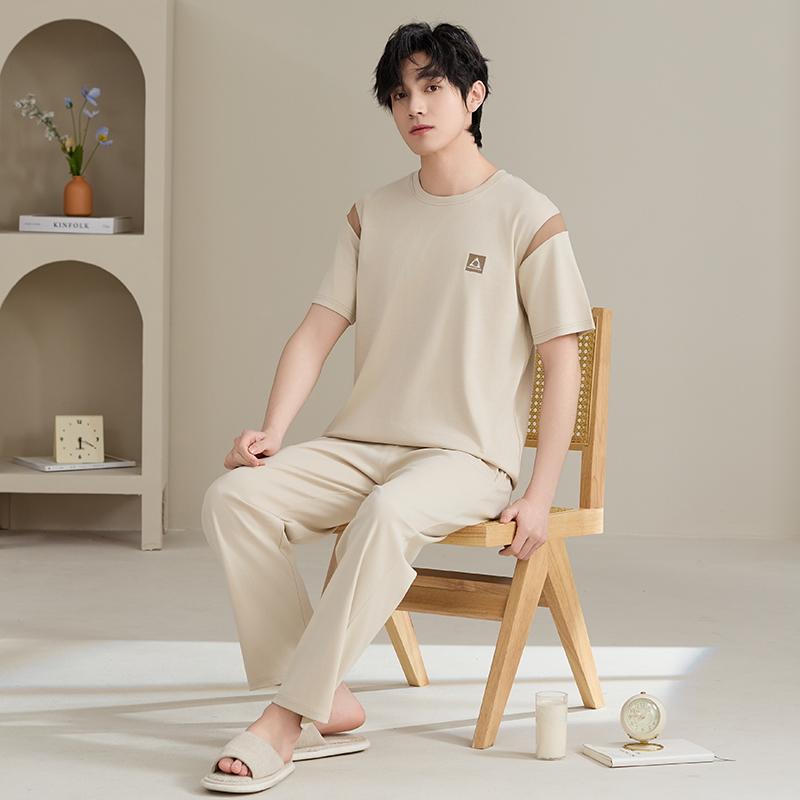 2025 Spring Summer Pure Cotton Solid Leisure Men's Pajamas Set Elastic Waist Boys Sleepwear Short Sleeve Tops and Long Pants Soft Pijama Home Wear