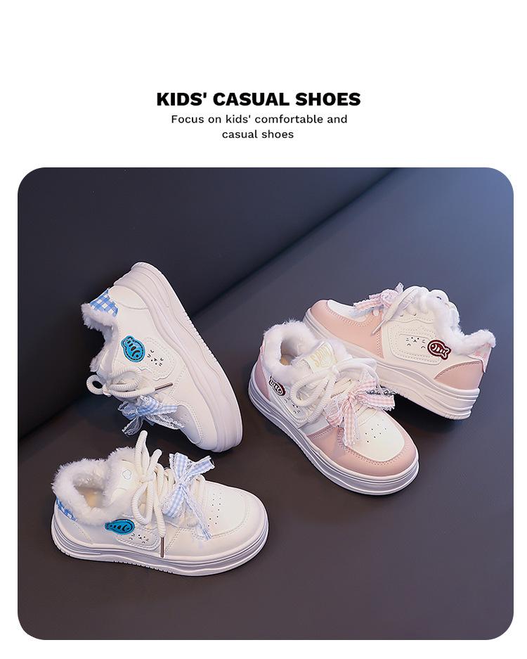 Versatile Children's Winter Plus Velvet Cat-Design Casual Warm Sneakers - White, Women's Sports Flat Shoes