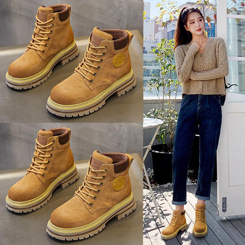 Herbst Martin Stiefel Damen Britischer Stil Retro Leder Große Gelbe Stiefel Runde Spitze Lässige Kurze Stiefel Leder Damenstiefel