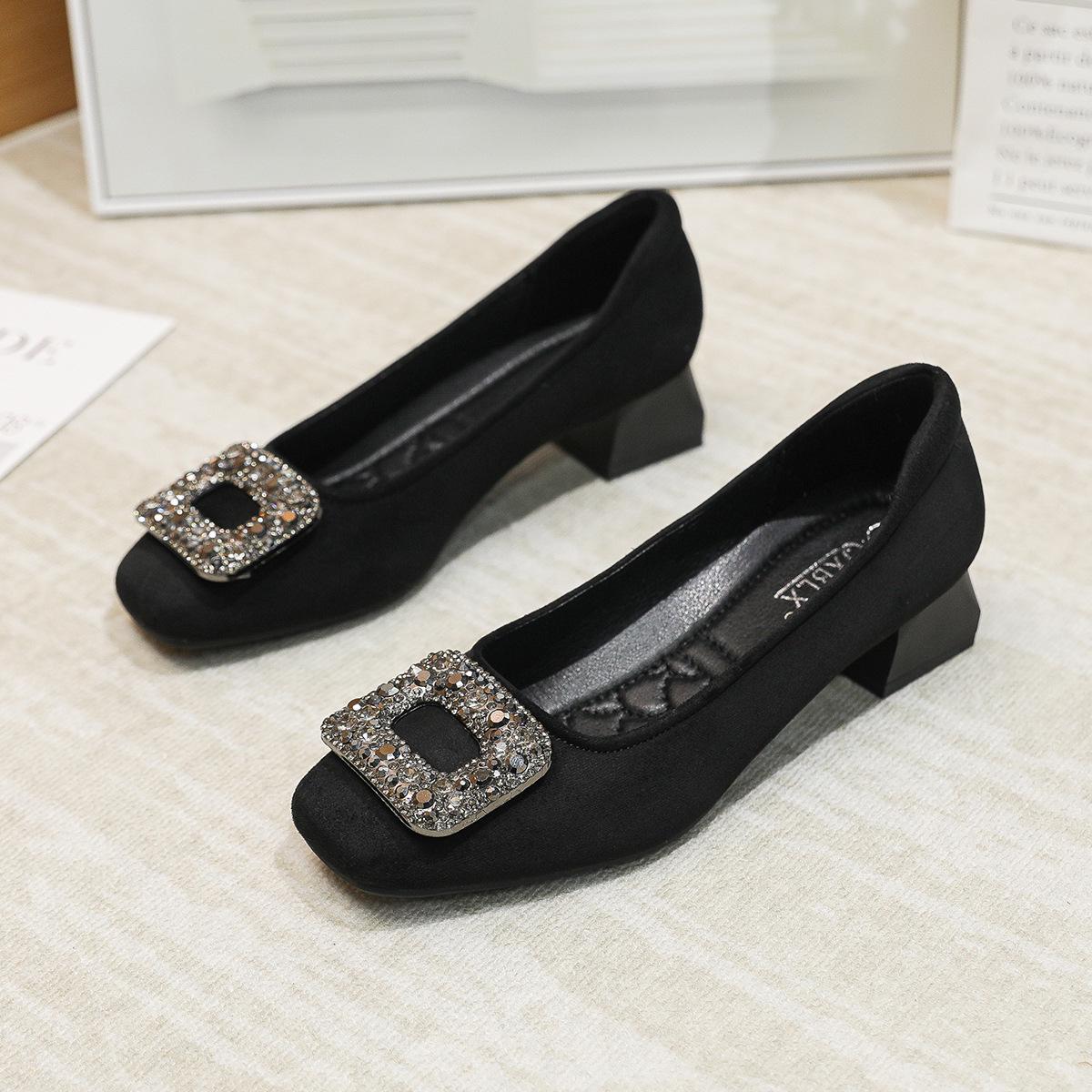2026 Spring Chunky Heel Suede Women s Shoes with Rhinestone Square Buckle and Square Toe Design 40
