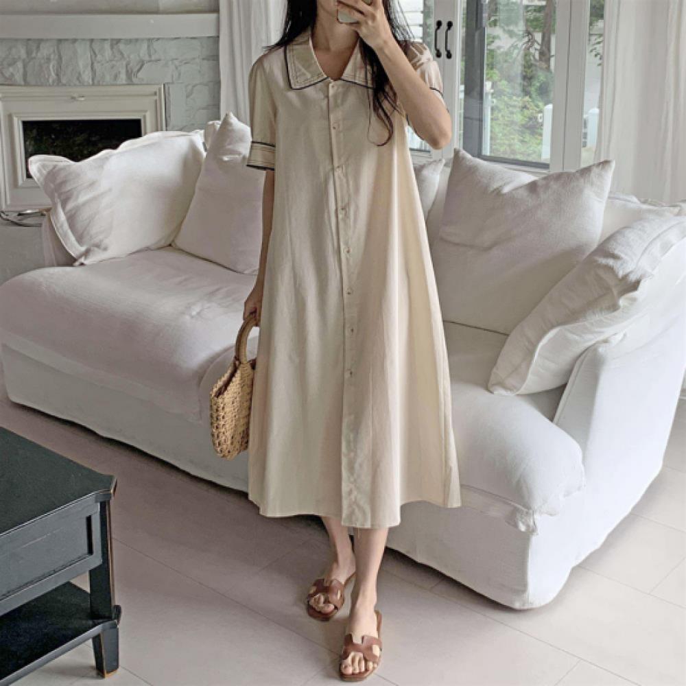 New Arrivals Open Run Women Puff Sleeve Collar Long Shirt Dress
