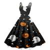Women's Sleeveless Halloween Print Dress Vintage Style Round Neck Casual Fit and Flare Midi Dress with Spaghetti Straps and Festive Pattern