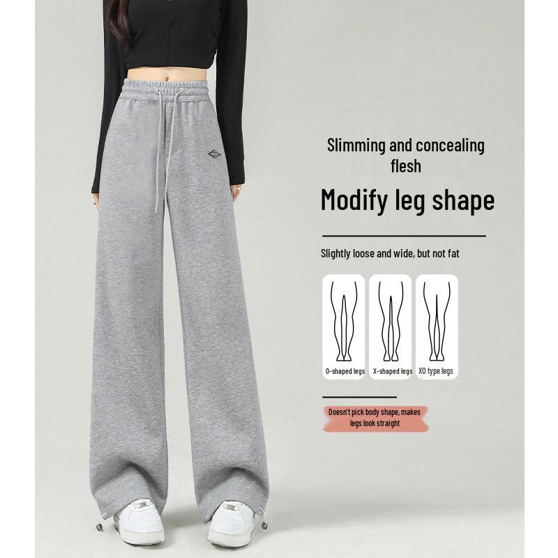 Women's High-Waisted Grey Slim Straight Wide-Leg Cuffed Sweatpants for Spring/Autumn