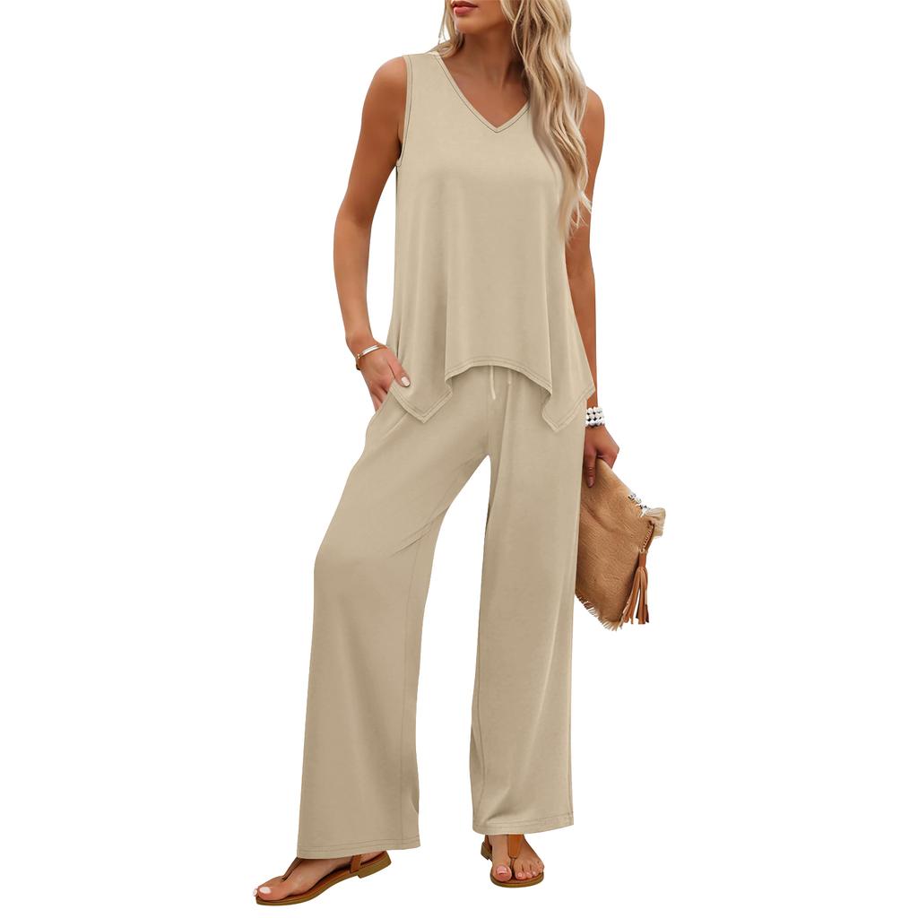 Women Sleeveless Tank Top and Wide Leg Pants Two Piece Set Casual Lounge Wear Travel Vacation Outfit Soft Fabric Relaxed Fit