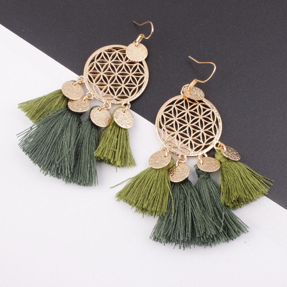 Women Stylish Hollow Out Dream Catcher Design Tassel Earrings