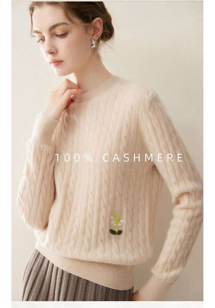 Women's Cashmere Cable Knit Sweater – 100% Pure Goat Cashmere Pullover, Round Neck, Base Layer for Autumn & Winter