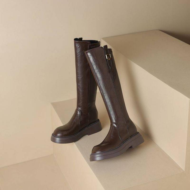 Korean version solid color rear zipper Martin boots thick-soled large-size women's boots comfortable medium heel non-slip leather boots square heel h