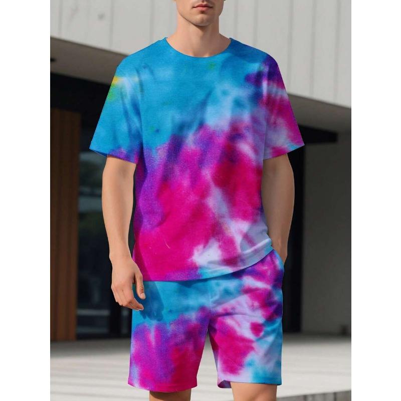 Tie Dye Kurzarm-T-Shirt und Shorts Set Herren Sommer Lässig Strandbekleidung