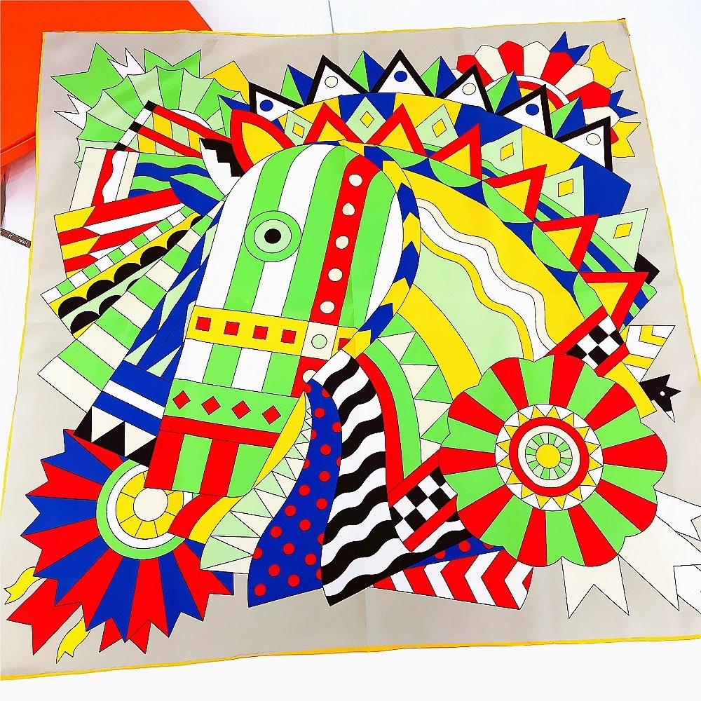 

Яркий цвет 90 см Ручной работы Твиловый шелковый платок Женский брендовый красочный платок с лошадьми Фуляр Хиджаб 90x90cm