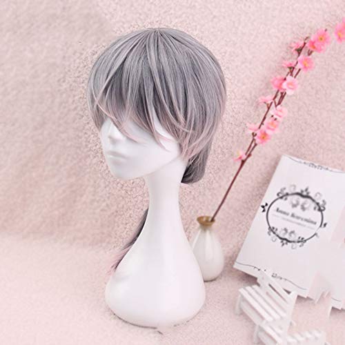 Men's Long Full Wig, Gray-pink Mix, Harajuku Style, Short Wig, Popular Fashion for Men, with a Net, Natural Look, Unisex