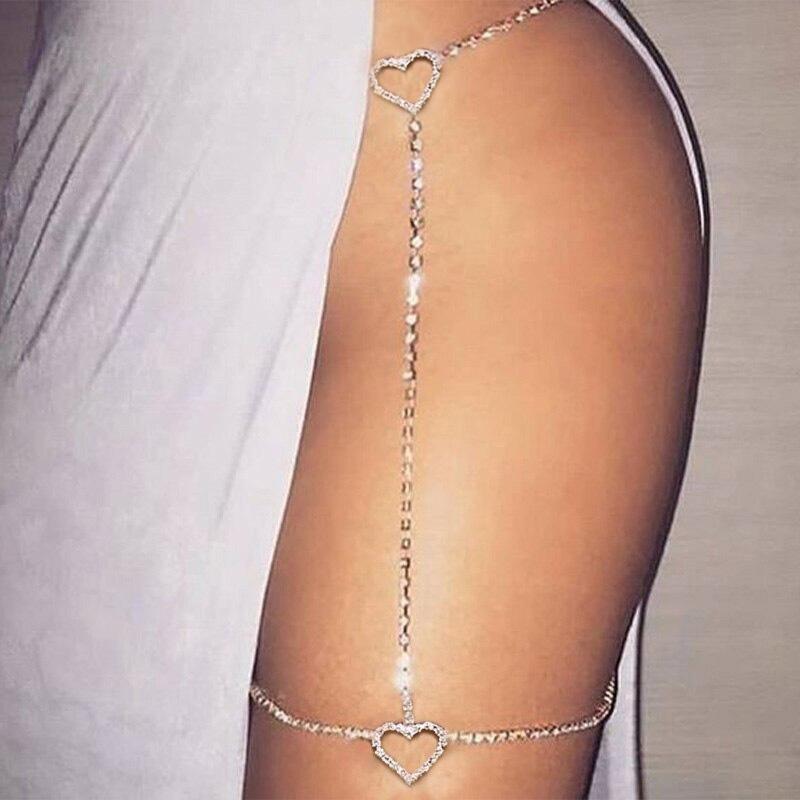 Stonefans Bohemian Crystal Heart Leg Chain Sexy Thigh Jewelry For Women Waist Belly Body Jewelry Rhinestone Leg Garter Chain