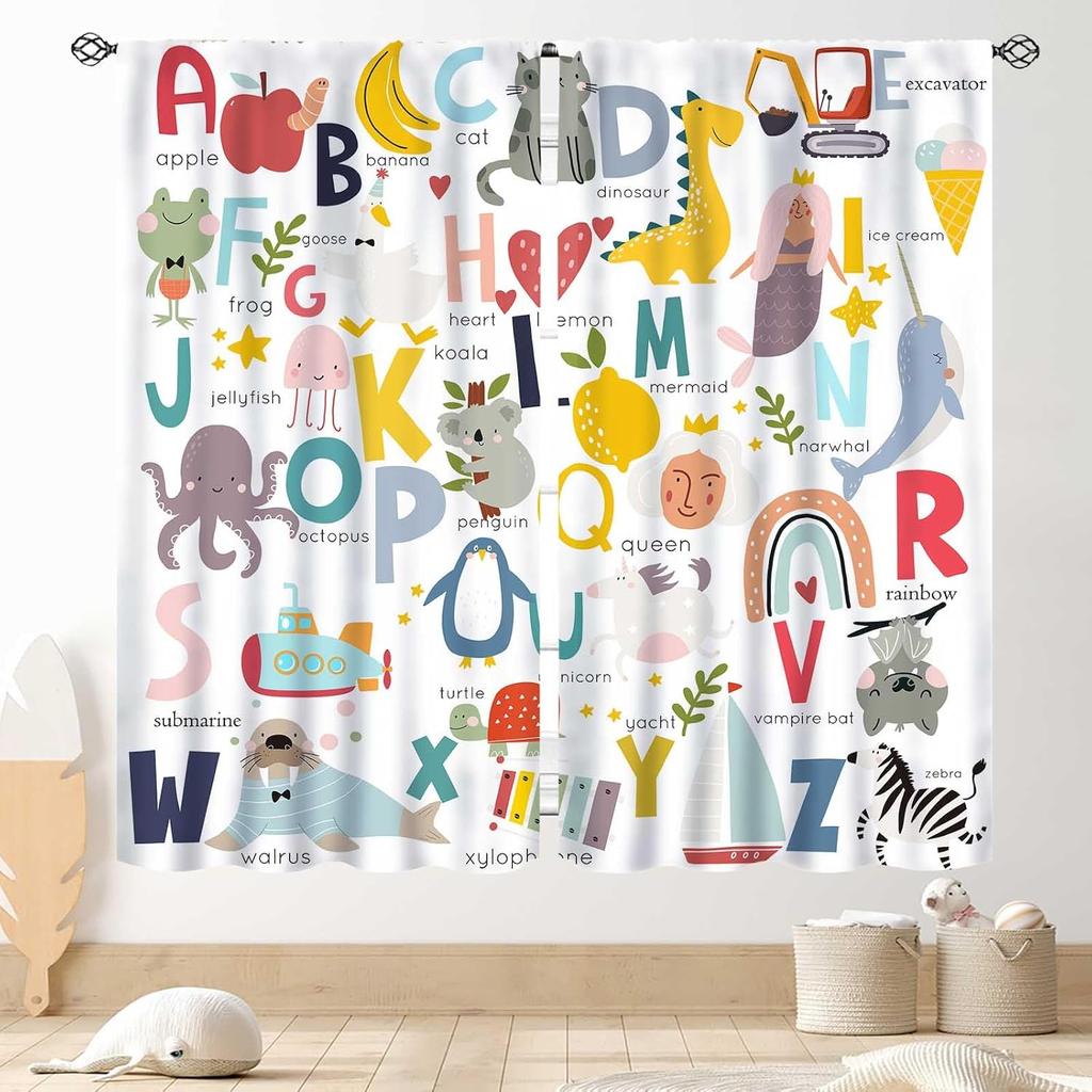 Kids Dinosaur Curtains For Boys Room, Cartoon Dino Funny Cute Dinosaur Safari Animals Colorful Window Treatments Drapery For