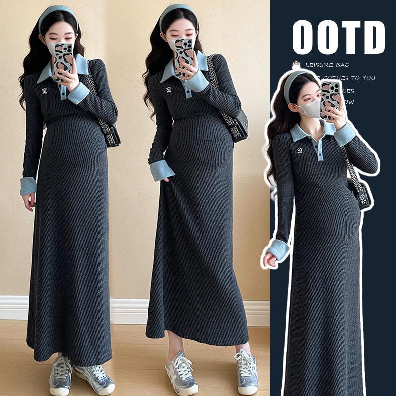 

2026 Spring Korean Color Block Knit Dress with Long Sleeves and Lapel 2XL