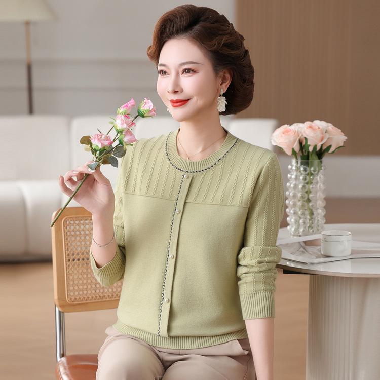 New Mother Spring Clothes Fashionable Round Neck Thin Sweater Middle-aged and Elderly Women's Long-sleeved T-shirt Base Top