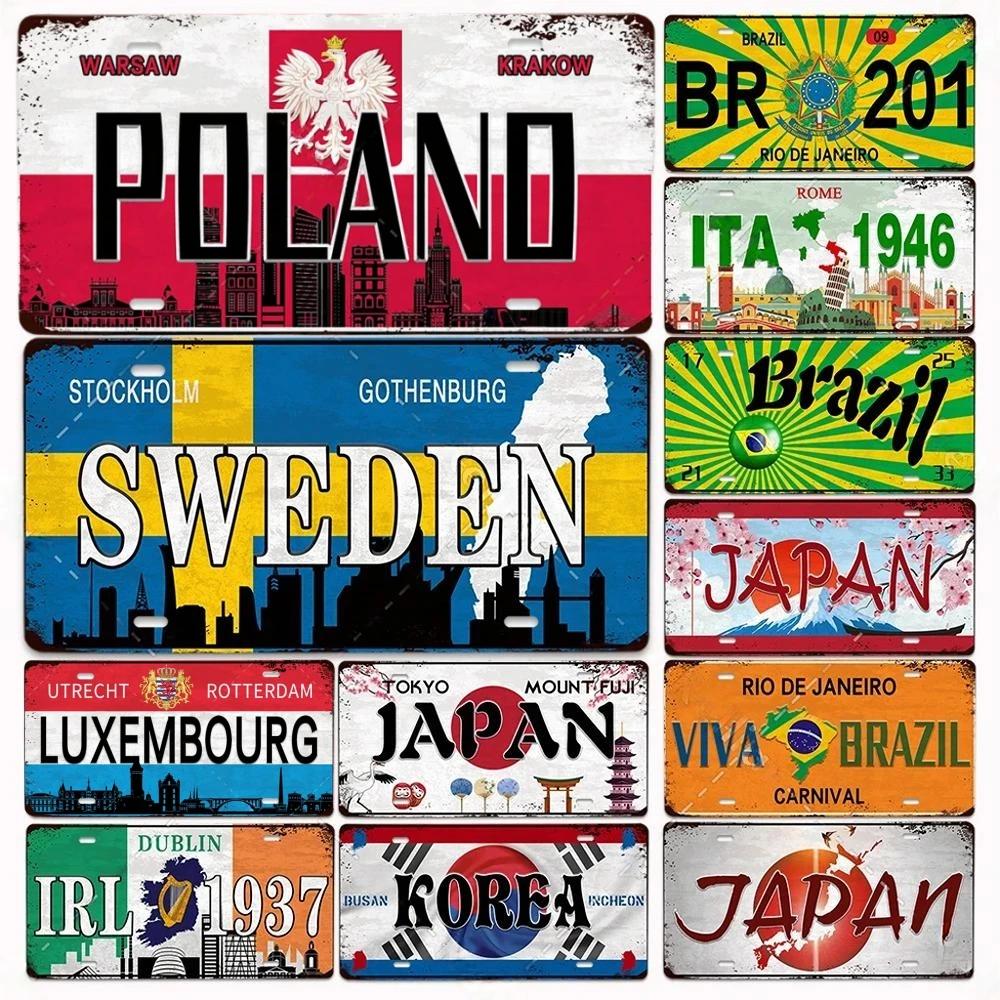 Retro Tin Sign License Plate Various Regions Metal Signs Posters Decor Italy Brazil Japan Poland Korea Ireland Bar Garage Pla
