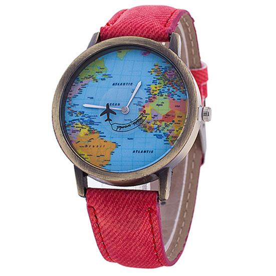 Women's World Map Dial Denim Fabric Strap Analog Quartz Students Wrist Watch