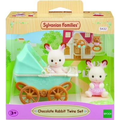 Figurine miniaturale - SYLVANIAN FAMILIES - Gemenii Iepure Ciocolatiu și căruciorul lor dublu