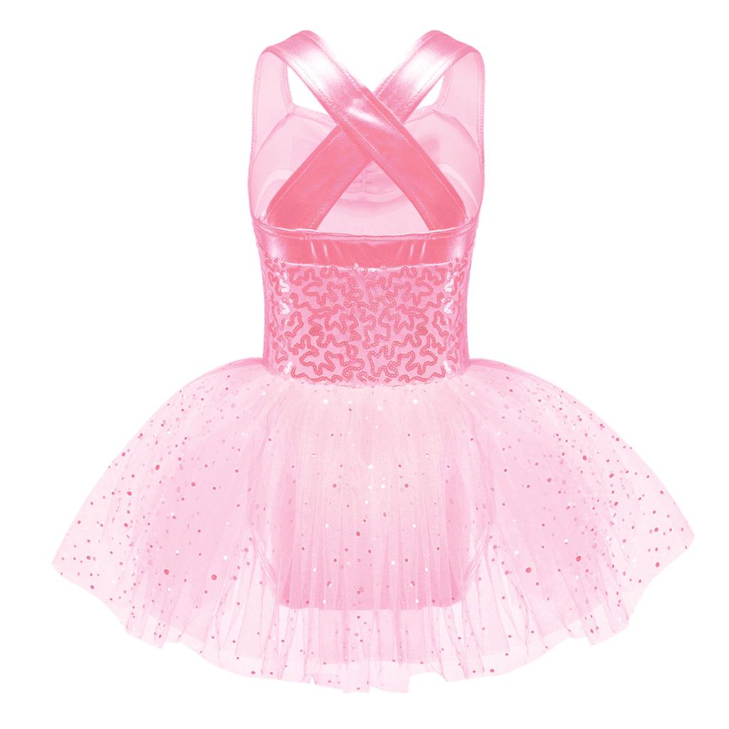 Kids Girls Glitter Sequins Criss Cross Back Ballet Dance Dress Tutu Skirted Leotard Ballerina Dancewear Costumes