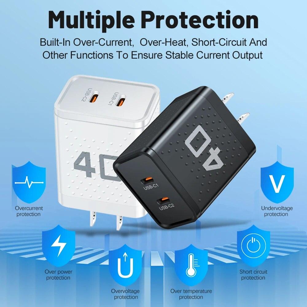 Dual PD 2 Ports USB C Chrager Fast Charger Type C For Xiaomi 12 iPhone 13 14 Pro Realme QC3.0 Type C Fast Charging