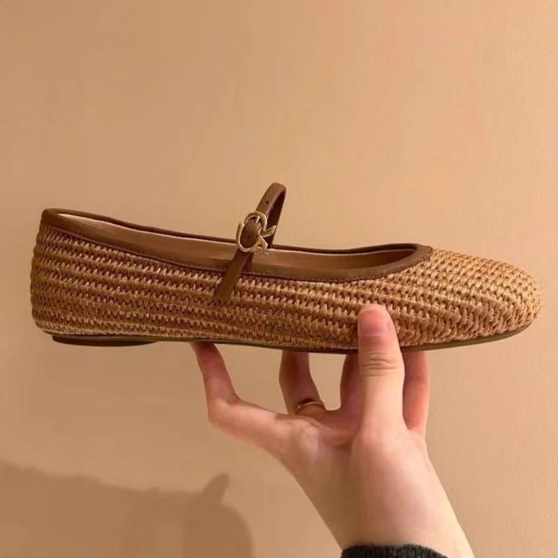 Spring Summer 2025 New Style Shoes Weaving Hollow Out Design Sandals Square Toe Buckle Strap Flats Shoes Women