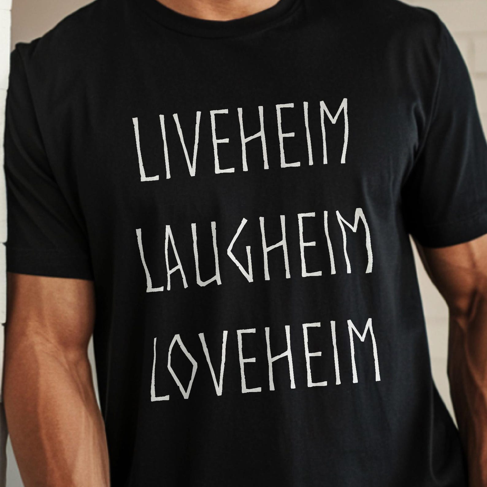 LIVEHEIM LAUGHEIM LOVEHEIM T-Shirt | Valheim Viking Gamer Gift | Funny Norse Mythology Tee | Gaming Inside Joke Apparel 2XL