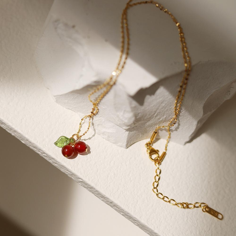 Cute Stainless Steel Cherry Necklace Earring Natural Stone Beads Pendant Chain Necklace Women's Fashion Wedding  Gift