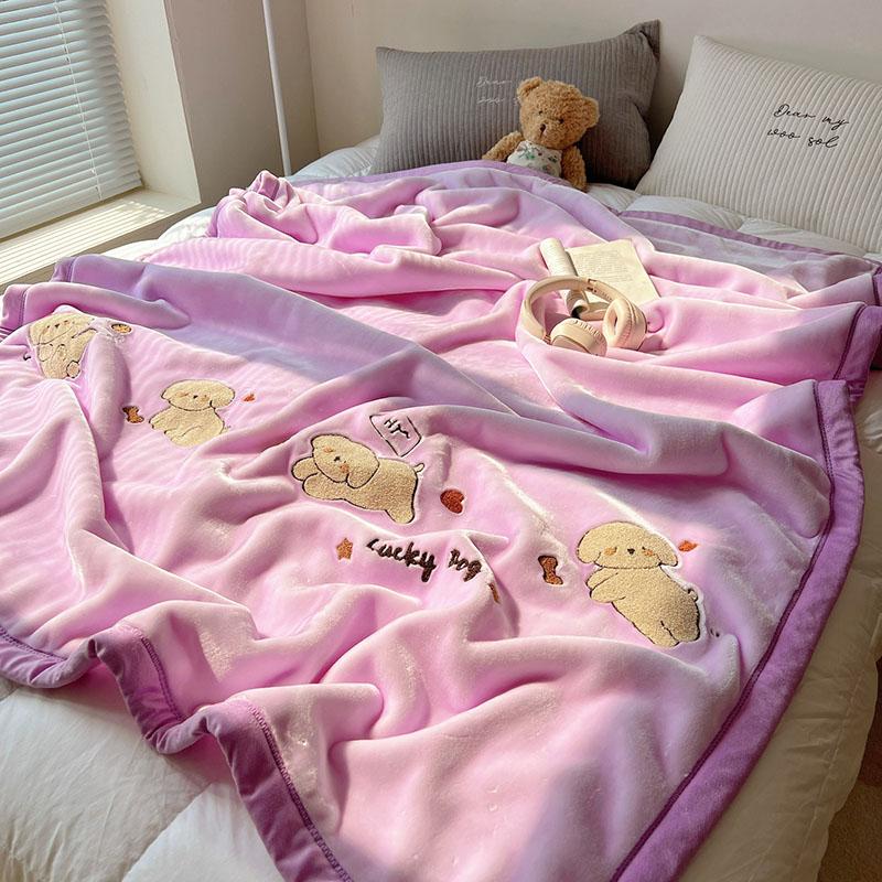 Solid Thick Cartoon Towel Embroidered Blanket Double Layer Warm Milk Velvet Sofa Cover Cozy Breathable Bedspread for Adult Kids