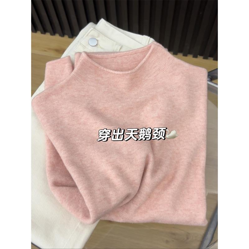 Thickened integrated fleece warm sweater women's semi-turtleneck stacked inside top autumn and winter fleece bottomed knitted sweater