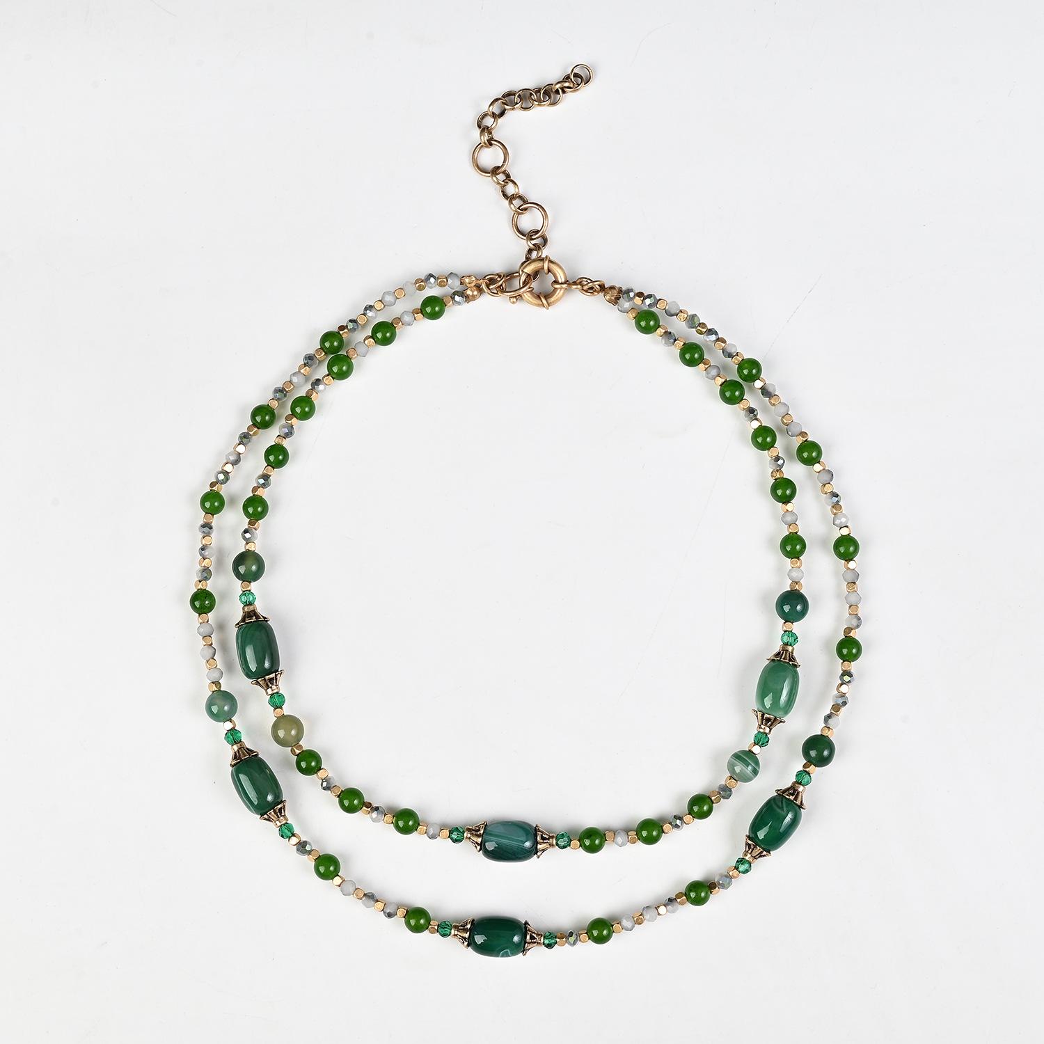

Винтажное женское ожерелье из зеленого агата в два слоя - Ретро дизайн в стиле легкой роскоши