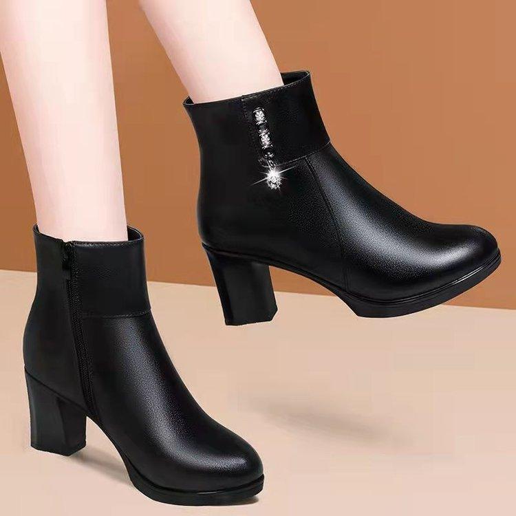 New fashion short boots women's side zipper high heel short tube middle-aged and elderly velvet cotton boots warm women's leather boots autumn