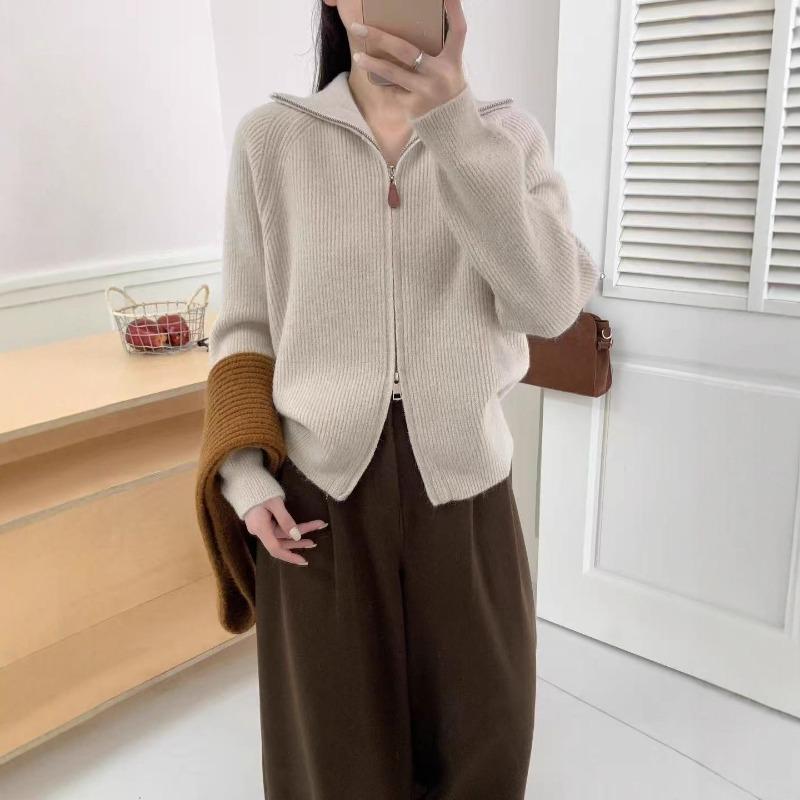 Premium lapel solid color knitted cardigan for women's autumn and winter new casual double zipper sweater jacket for women