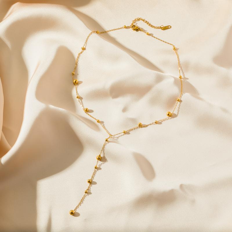 EILIECK 316L Stainless Steel Gold Color Beads Long Pendant Necklace For Women Fashion Choker Clavicle Chain Jewelry Gift Wedding