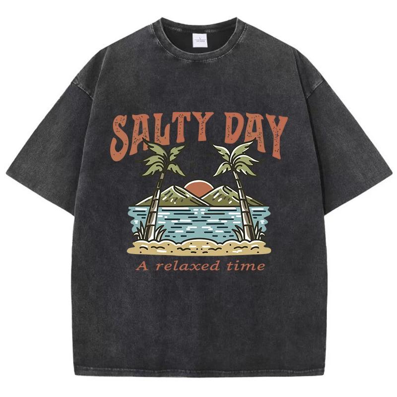 Coconut Tree Beach Printed Washed T-Shirts Cotton Tops Comfortable Distressed O-Neck T Shirts Summer Casual Man Clothes