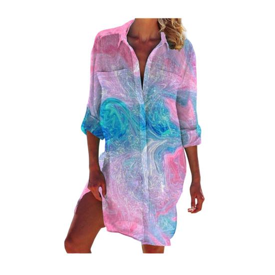 Women Beach Shirt Lapel Long Sleeve Single Breasted Shirt Tops with Patch Pockets Starfish Print Mid-length Beach Vacation Shirt