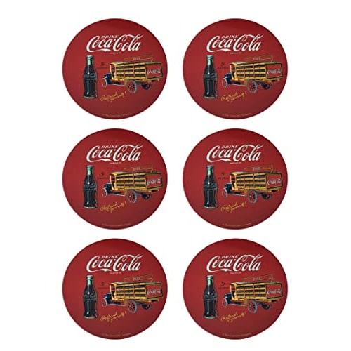 The Tin Box Company Coke Coaster Set of 6 with Standing Metal Holder, Red