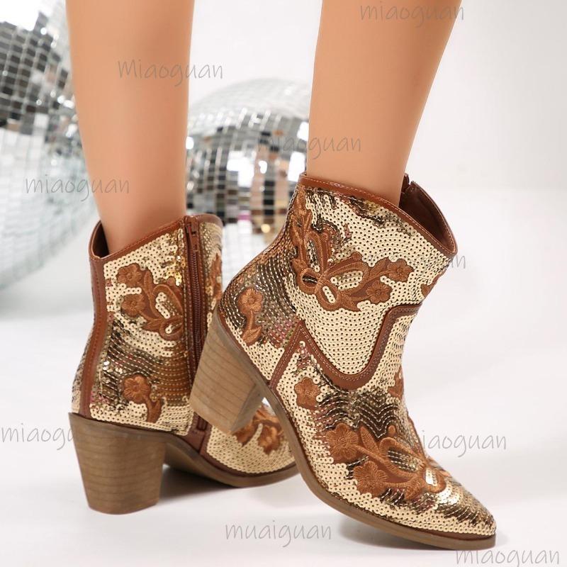 Bottes Courtes Femmes Automne 2026 Paillettes Scintillantes Grande Taille 36-43 Bout Pointu Talon Épais Mode Bottines de Fête Bottes Femmes