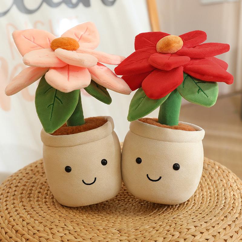 22Cm Plush Potted Flower Toy Four-Leaved Clover Poinsettia Colorful Plant Smiling Humanoid Plushie Home Decor Gift