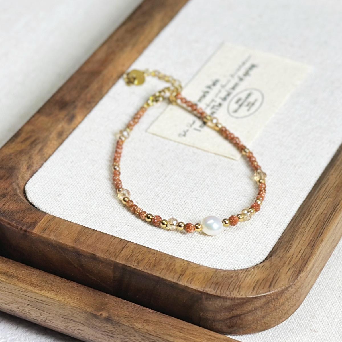 Titanium Steel Crystal and Freshwater Pearl Bracelet with Gold Sandstone Beads