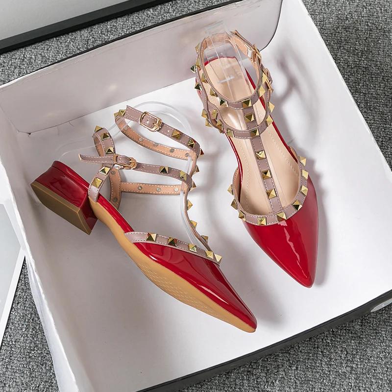 Summer High-heeled Women's Sandals Fashion  Design Pointed Rivet Red Casual Shoes Large Size 41-43