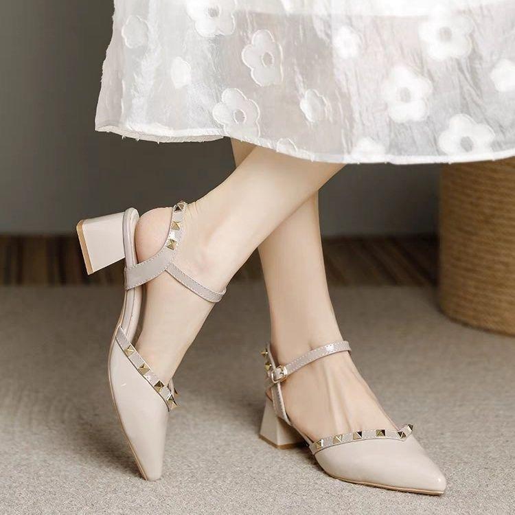 Coarse heel French rivet sandals comfortable non-slip sandals 2025 summer and autumn new versatile pointed heightening cool slippers
