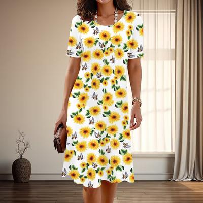 Women's Fashion Graceful Sunflower Print Summer Spring Short Sleeve O-Neck Casual Dresses