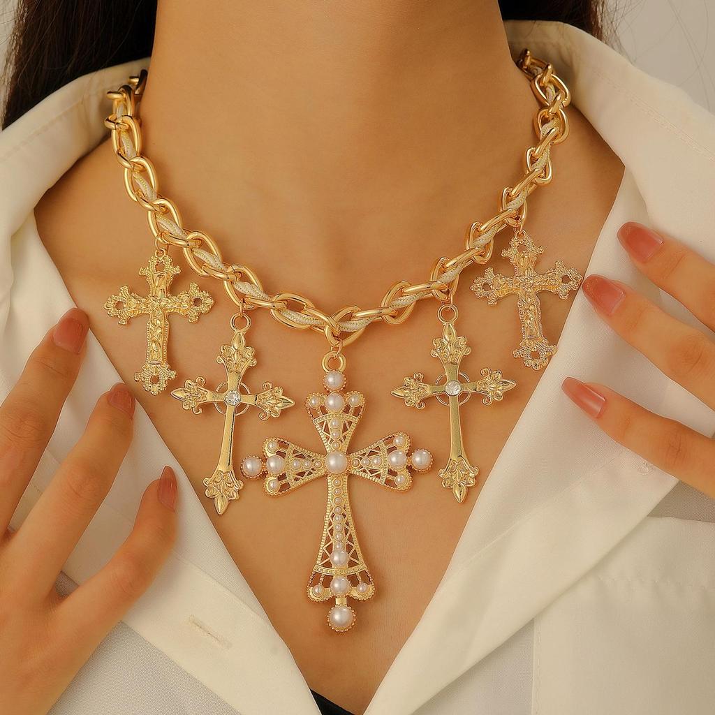 Women's Geometric Diamond Cross Necklace - European & American Punk Hip-Hop Style Choker