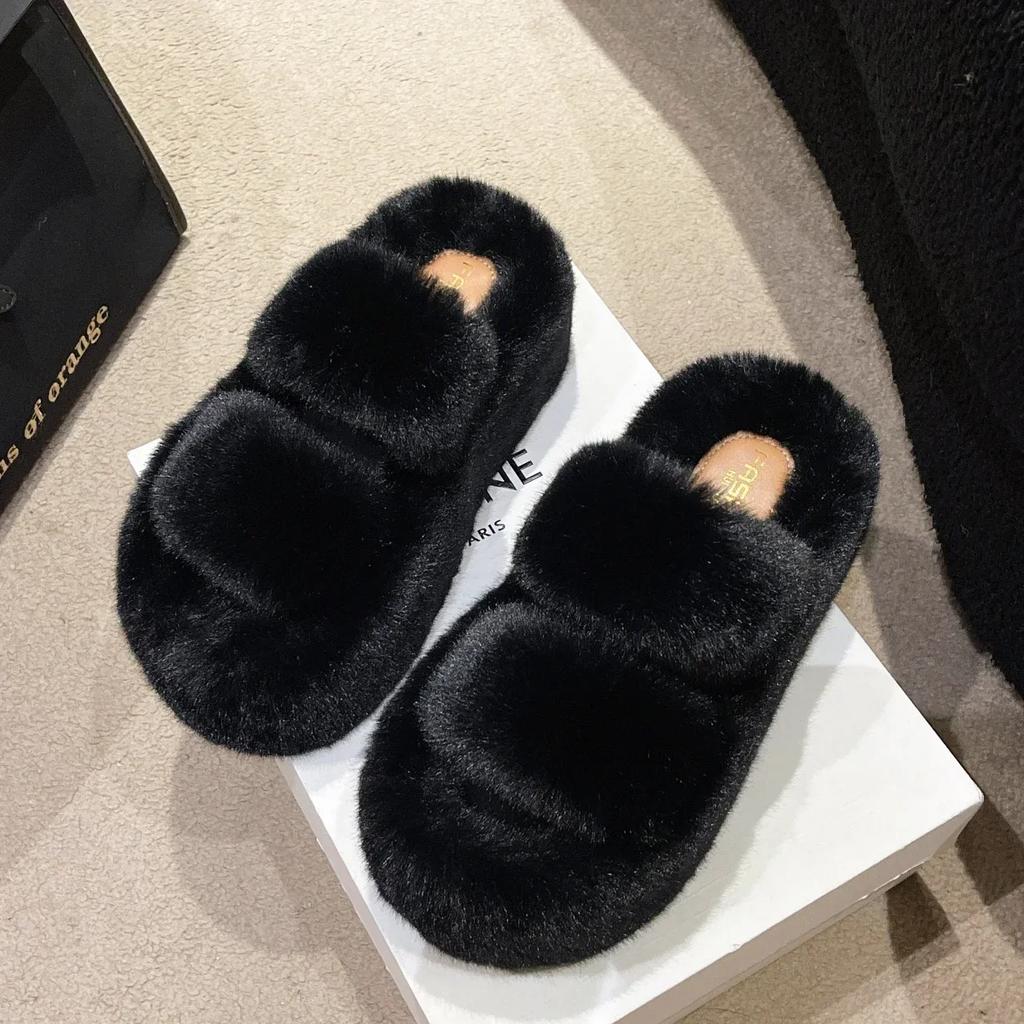 Women Winter Fluffy Fur Slippers Winter Warm Cotton Slipper Comfort House Slides 7cm Height Increase Platform Slippers for Women