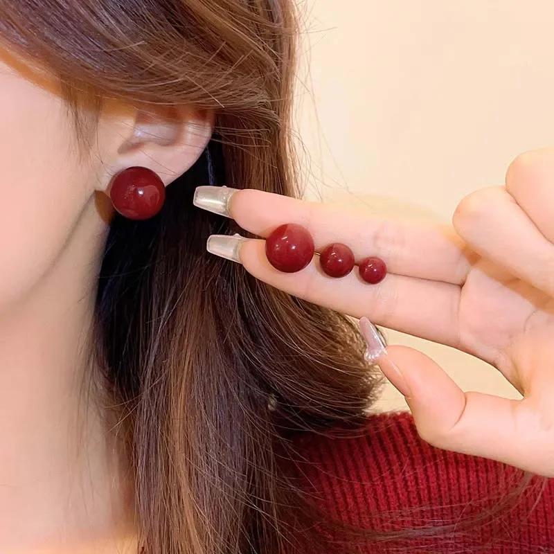Korean Red Pearl Stud Round Earrings for Women Vintage Sweet Imitation Pearl Temperament Earings Wedding Party Jewelry Gifts