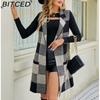 BITCED Women's Longline Blazer-Collar Sleeveless Knit Cardigan Check Jacquard Knitted Vest Outerwear Cardigan